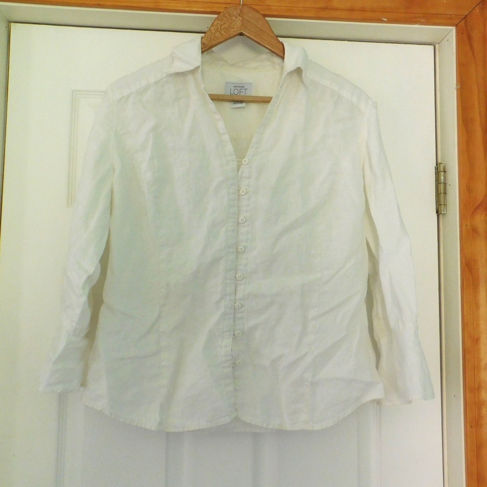 Ann Taylor Loft Womens White Linen Top Blouse Long Sleeve Size Large